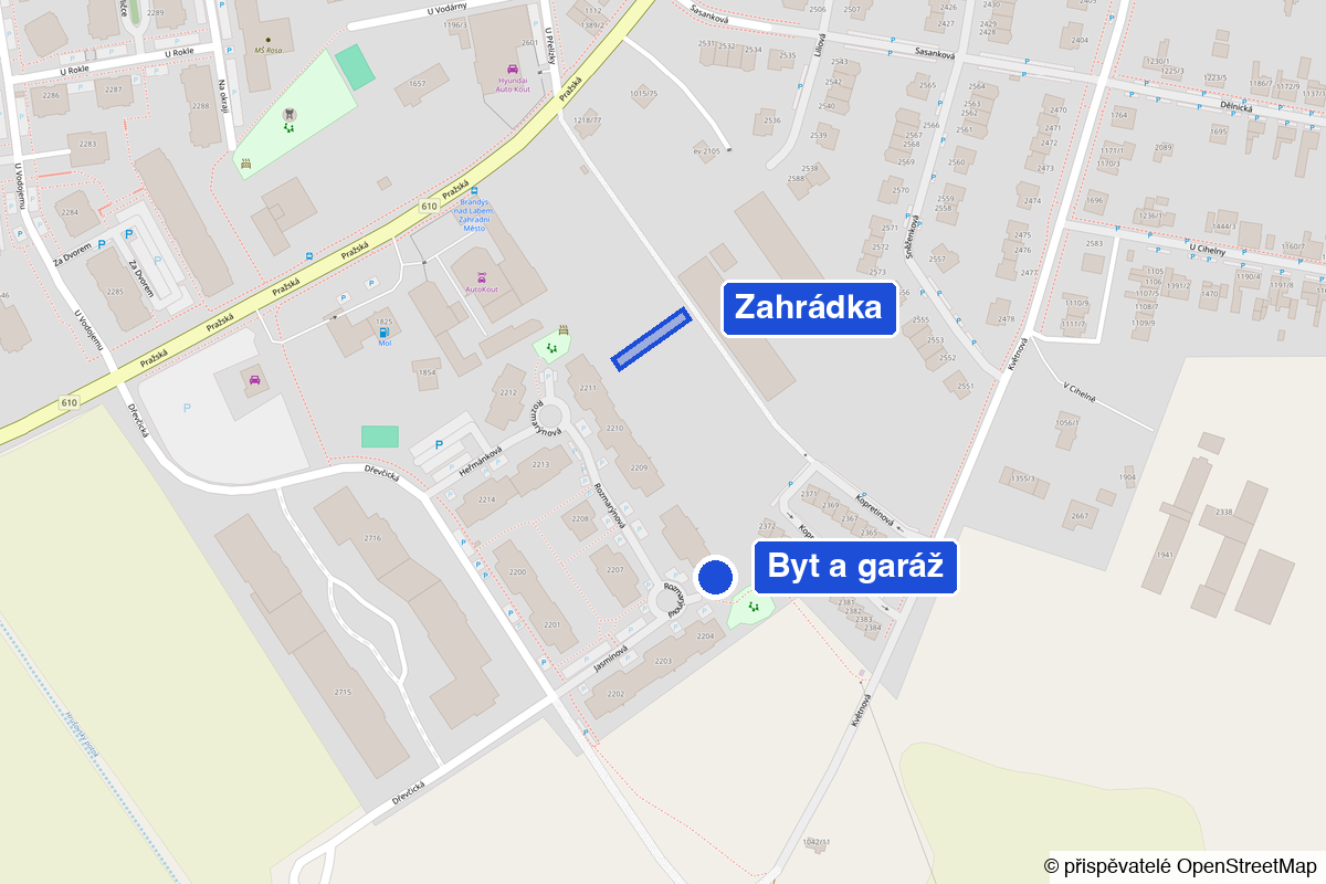 Mapa sídliště Zahradní Město s vyznačeným domem s bytem a garáží v Rozmarýnové ulici a zahrádkou v kolonii nad ním, otevře se v novém okně na Mapy.cz